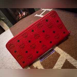 MCM Scarlet Leather Zip Wallet